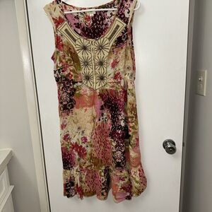 Forbidden Women's Tan Pink Floral Sleeveless Beaded Shift Dress Size Med